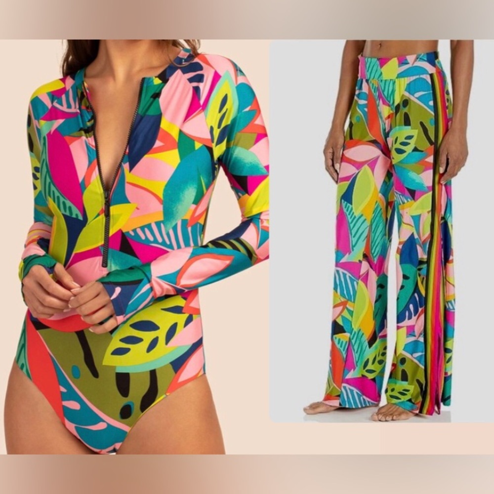 Trina Turk Rainforest Paddle long sleeve Zip Swimsuit and Wide Leg Pant Set XL